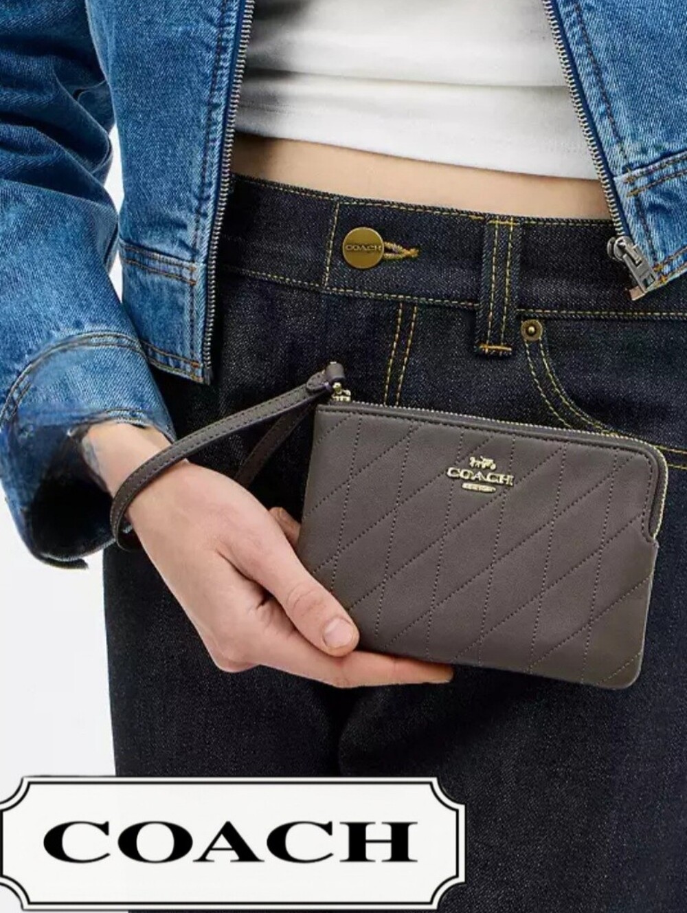 COACH Corner Zip Wristlet In Gorgeous Gold/Slate Quilted Nappa Leather. NEW!